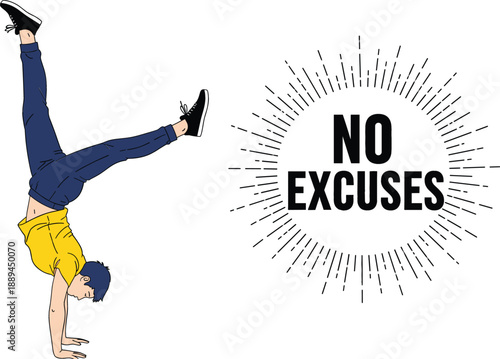Young man performing a handstand workout next to No Excuses motivational text, athletic male character exercising in gym for fitness and strength vector illustration isolated on white.