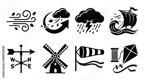 Weather related vectors featuring wind, storm, rain, sailing, wind vane, windmill, windsock, and a kite design.