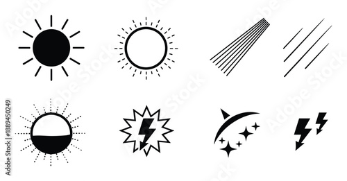 Weather icons set featuring sun, sunlight, rain, storm, and lightning. Line style illustration, vector format.