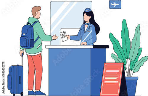 Passenger with backpack and suitcase at airport check-in desk receiving boarding pass from airline staff, travel departure concept vector illustration isolated on white background.
