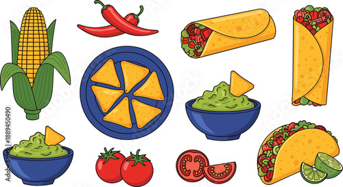 Traditional Mexican food vector set featuring tacos, burritos, nachos with guacamole, corn, red chili peppers, and fresh tomatoes isolated on white background for menu design.