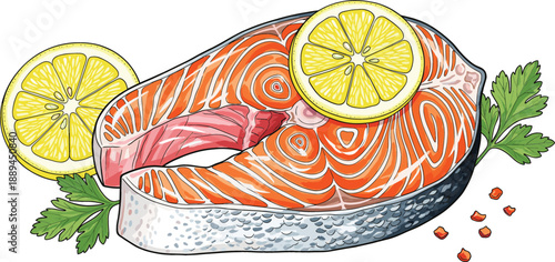 Fresh raw salmon steak vector illustration with lemon slices and parsley herbs isolated on white background, healthy seafood fish fillet for restaurant menu design.