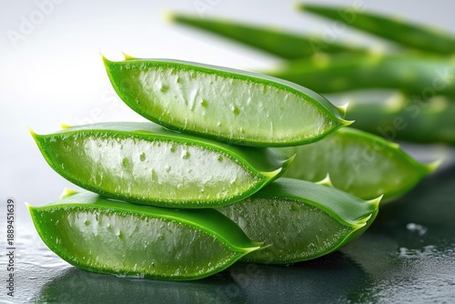 Wallpaper Mural stacked freshly cut aloe vera leaf slices with glistening gel and water droplets, close-up, refreshing and soothing natural scene Torontodigital.ca