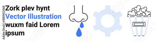 Health symptoms, mechanical engineering, movie culture, diagnostics, creativity, graphic projects. A dripping nose, gear symbol and popcorn. Health and mechanical engineering visual concepts