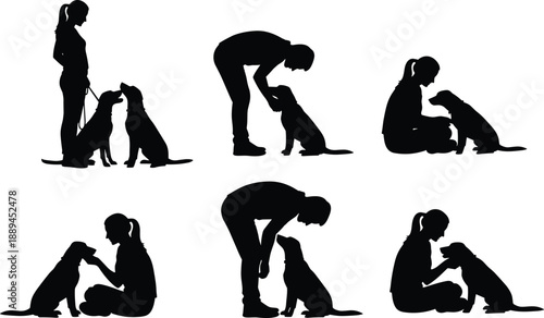 Woman interacting with dog silhouettes set pet care training adoption bonding friendship companion animal love vector illustration