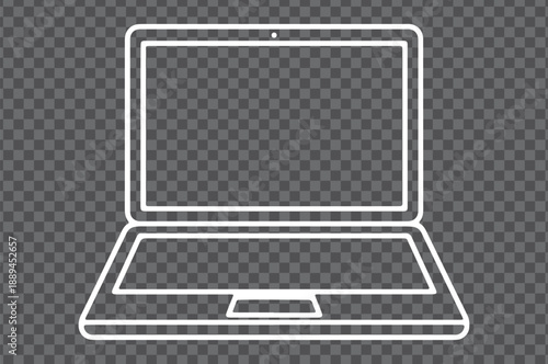 A white line art icon of a laptop computer shown from the front with a blank screen and trackpad. A minimalist graphic of a portable laptop icon.