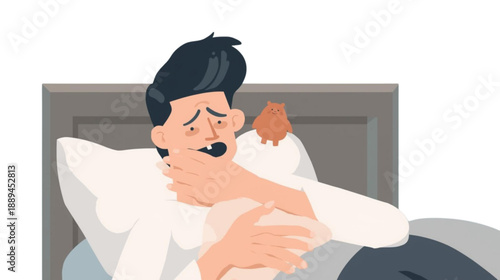 Anxious man covers his mouth in surprise or discomfort, possibly feeling unwell, while a small pet sits calmly on his shoulder during an unexpected morning wake-up