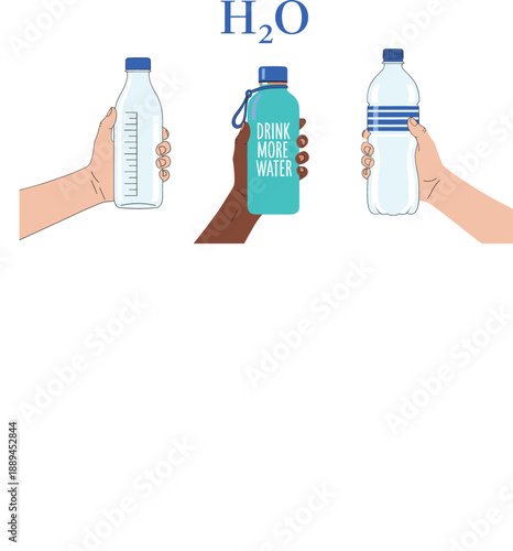 Collection of flat vector illustrations showing human hands holding different water bottles with H2O text for healthy lifestyle and hydration concepts.