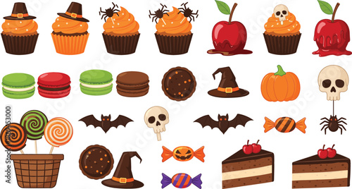 Large collection of Halloween sweets and desserts including spooky cupcakes candy apples pumpkins skulls bats and chocolate cake slices isolated on white background.