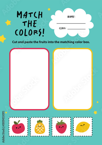 Printable kids worksheet shows cut and paste activity where children cut colored images and match them to the correct colors. Fun learning tool for preschool education, classrooms, homeschooling.