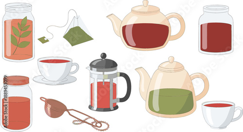 Large collection of flat vector tea elements including teapots, cups, glass jars, tea bags, and a french press isolated on white background for cafe branding.