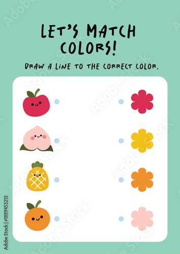 Printable kids worksheet shows cute illustrations where children draw lines to match images with the correct colors. Fun educational activity for preschool learning, classrooms, homeschooling.