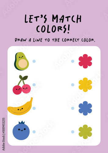 Printable kids worksheet shows cute illustrations where children draw lines to match images with the correct colors. Fun educational activity for preschool learning, classrooms, homeschooling.