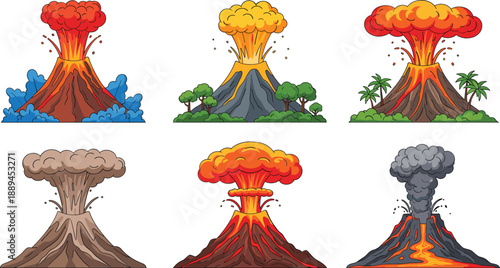 Large set of flat vector volcano eruptions with hot lava smoke and ash clouds isolated on white background for geological nature and disaster concepts.