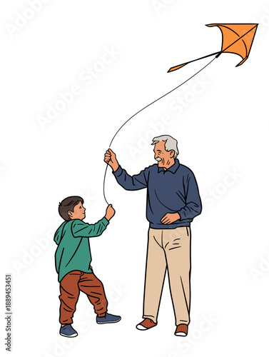 A senior man flying a kite with his grandson - active aging and family relationship
