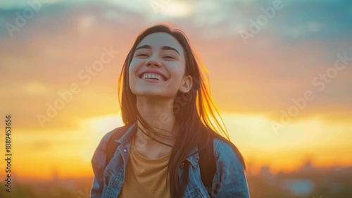 Wallpaper Mural Happy woman raising arms at sunset feeling free Torontodigital.ca