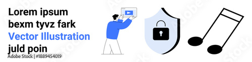 Man holding a tablet displaying a video, shield with lock symbolizing security, and a music note representing audio. Ideal for media, entertainment, data protection, content creation, e-learning