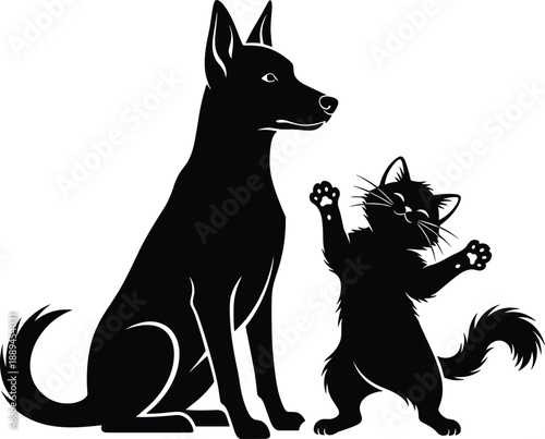 Dog and cat silhouettes together playful pets friendship companion animals domestic care adoption veterinary vector illustration isolated