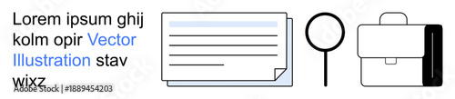 Office work, organization, document management, business tools, search concepts, workflow solutions. A document, magnifier and briefcase are . Office work and organization concepts