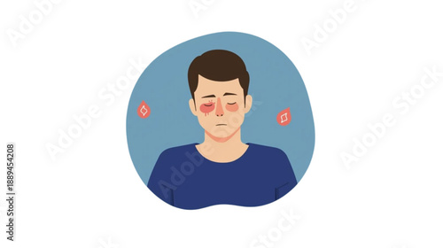 Distressed man suffering from allergies or illness with red, inflamed face and irritated eyes, depicted in an expressive illustration of discomfort and health issues