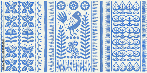Vibrant blue and white folk art patterns with floral designs and bird motif