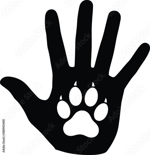 Human hand and dog paw print silhouette vector illustration symbolizing friendship adoption care protection animal rescue isolated design