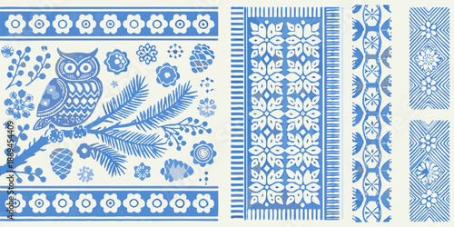 Blue and white owl design with floral patterns and geometric shapes