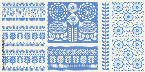 Collection of blue and white floral patterns and leaf designs