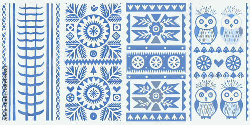 Vibrant blue and white patterned designs with owls and snowflakes
