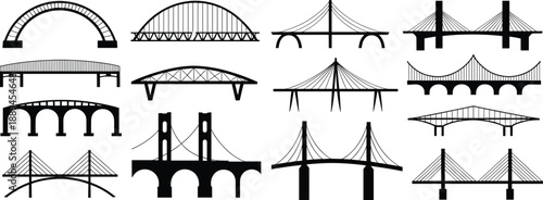 Bridge silhouette collection with arch suspension cable stayed and modern bridge designs for architecture engineering infrastructure vector illustration set