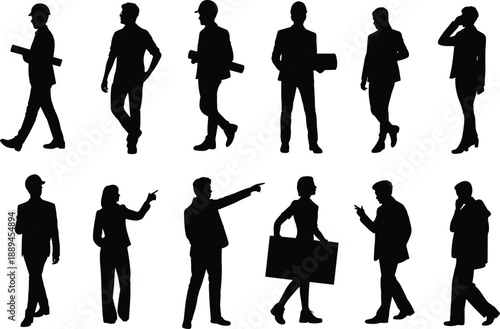 Business professionals silhouettes, engineers, architects, managers, supervisors, teamwork, suits, hard hats, blueprints, corporate staff, occupational illustration, workforce diversity