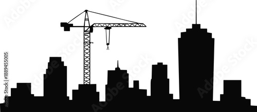 City skyline silhouette with tower crane and skyscraper buildings, urban construction development architecture concept, modern industrial cityscape isolated on white background