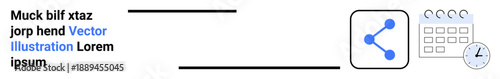Social media, scheduling, time management, digital marketing, content planning, social sharing. Calendar, share icon and clock . Social media and scheduling concept visualization
