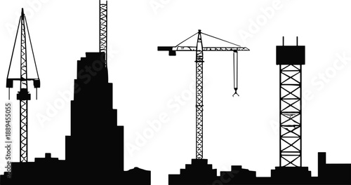 City skyline silhouette with tower cranes and skyscraper buildings, urban construction development architecture concept, industrial cityscape isolated on white background