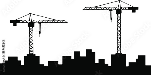 City skyline silhouette with tower cranes, urban construction buildings, modern architecture development concept, industrial cityscape isolated on white background, vector