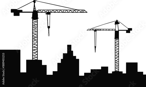 City skyline silhouette with two tower cranes, urban construction buildings, modern architecture development concept, industrial cityscape isolated on white background