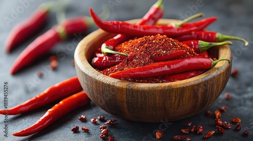wooden bowl overflowing with ground red chili and glossy whole red chilies on a dark tabletop with scattered chili flakes, evoking fiery spicy vibrant heat