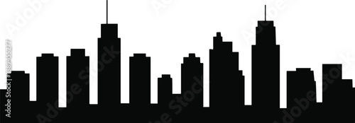 City skyline silhouette, modern urban skyscraper buildings, downtown metropolitan cityscape architecture, minimal black city horizon isolated on white background