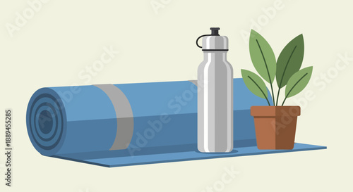 Yoga Mat, Reusable Water Bottle, and Potted Plant for Wellness and Exercise in a Bright Studio