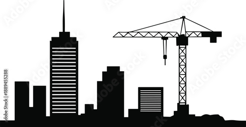 City skyline silhouettes, construction crane, skyscraper, urban growth, infrastructure development, architecture, industrial workforce, modern city illustration, building design