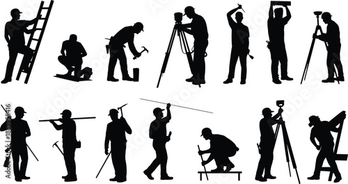 Construction and technical workers silhouettes set showing builders surveyors and laborers using tools equipment on industrial job sites