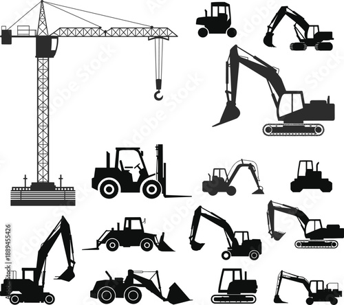 Construction equipment silhouettes collection with tower crane excavators loaders forklifts heavy machinery isolated on white background illustration