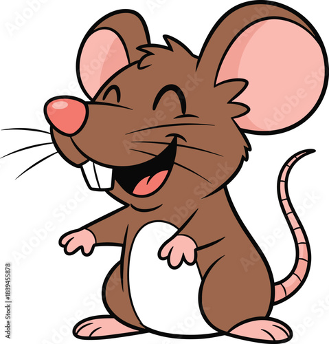 Cute Brown Mouse Cartoon Character Laughing with Big Ears and Long Tail Isolated Vector Illustration for Animal Mascot Kids Book or Kindergarten Logo Design