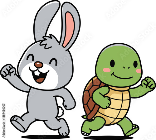 Cute Hare and Tortoise Cartoon Characters Racing Together Inspired by Classic Fable Isolated Vector Illustration for Children Storybook Mascot or Educational Sports Competition Design