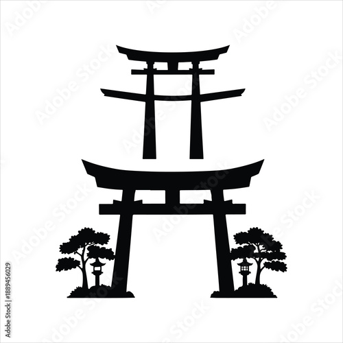 vector illustration of japanese pagoda, vector illustration of japanese temple, Set collections Torii gate castle black silhouette icon symbol. Japanese traditional gate design vector illustration