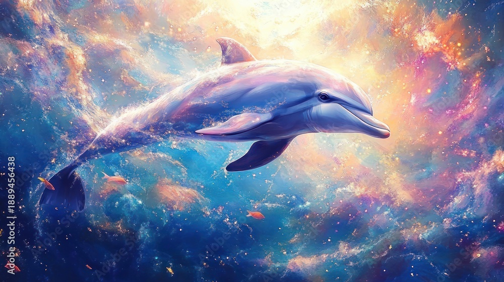 Obraz premium A serene dolphin gracefully swimming underwater surrounded by glowing light and small orange fish in a colorful ocean scene