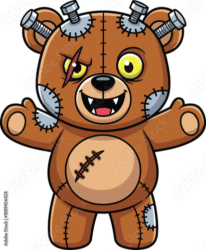Spooky Frankenstein Teddy Bear Cartoon Character with Metal Bolts Stitched Patches and Scars Isolated Vector Illustration for Halloween Mascot or Creepy Toy Logo Design