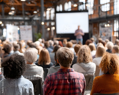 Wallpaper Mural A diverse ence attentively listens to a speaker presenting on a large screen du a conference in an urban industrial venue setting. Torontodigital.ca
