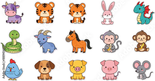 Vector collection of fifteen cute cartoon animal stickers featuring Chinese zodiac signs like dragon tiger and rabbit for kids education design on white background