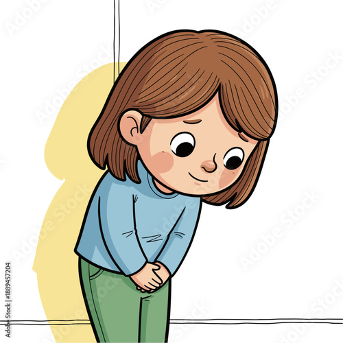 Cute girl looking down with shy expression on face